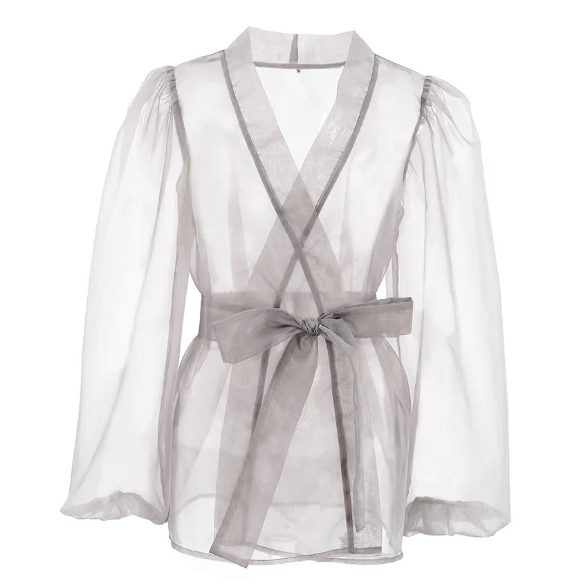 WW | Sheer Organza Blouse with Tie Belt