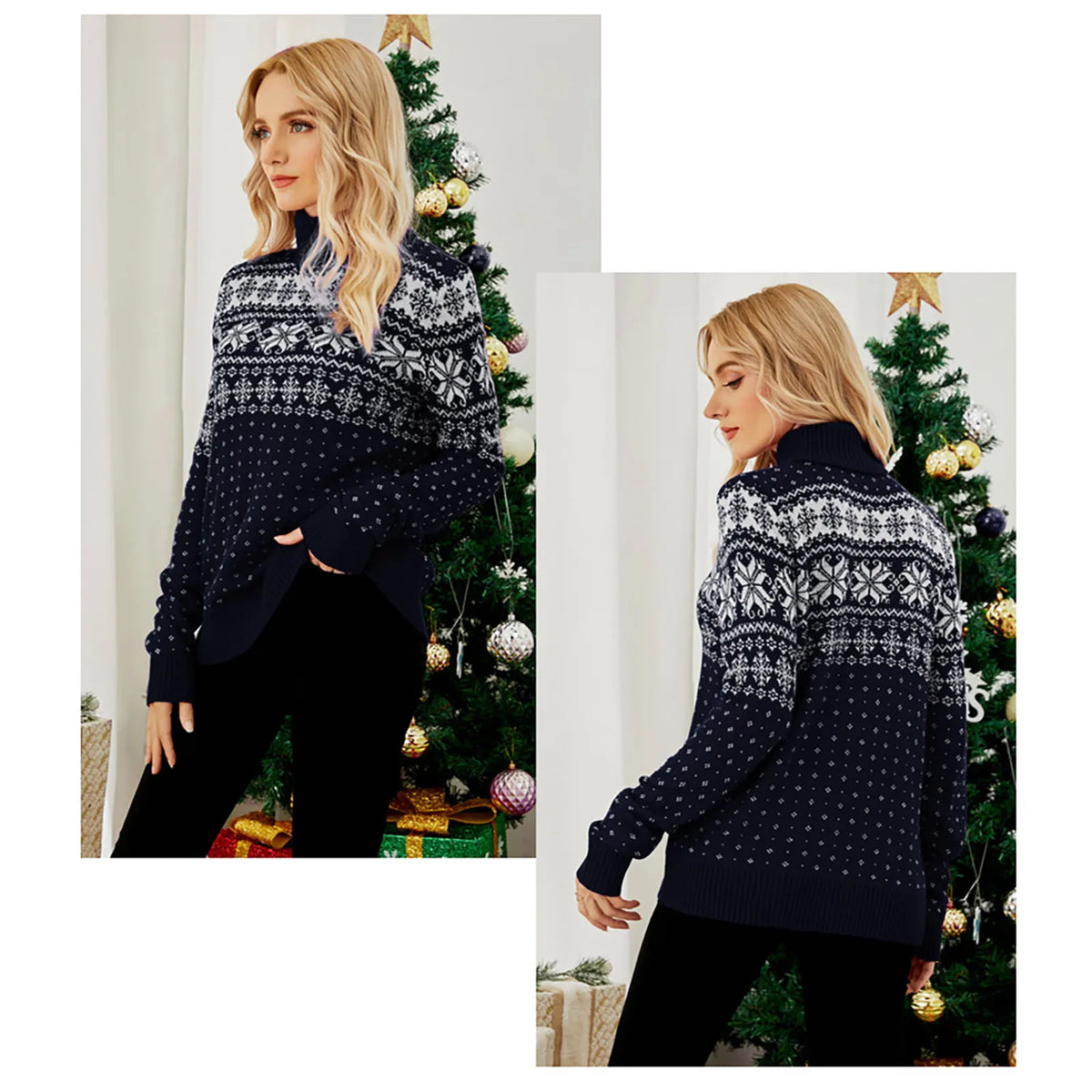 WW - Hässlicher Weihnachtspulli - Vintage Rollkragenpullover mit Schneeflockenmuster