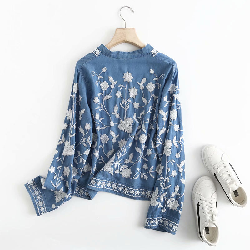 WW | Embroidered Floral Blouse with Button Placket