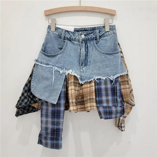 WW | Vintage Irregular Patchwork Plaid Skirts Denim Short for Women High Waist Wrapped Hip Mini Skirt Summer Female