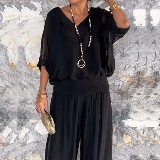 WW | Elegant Two-Piece Chiffon Top and Wide-Leg Pants Set