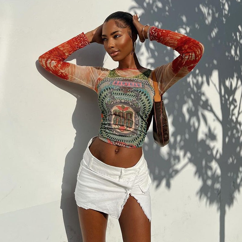 WW | Long-sleeved Mesh Top with Tattoo Print
