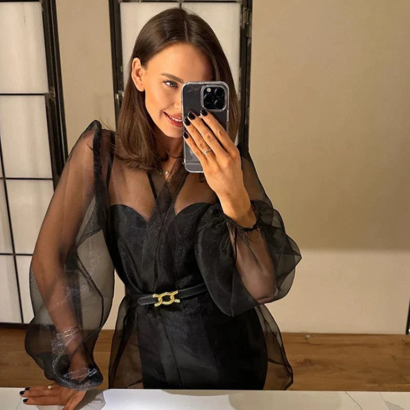 WW | Sheer Organza Blouse with Tie Belt