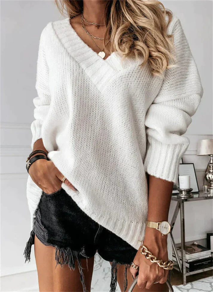 WW | Damen-Strickpullover mit V-Ausschnitt - Oversize Look für Herbst & Winter