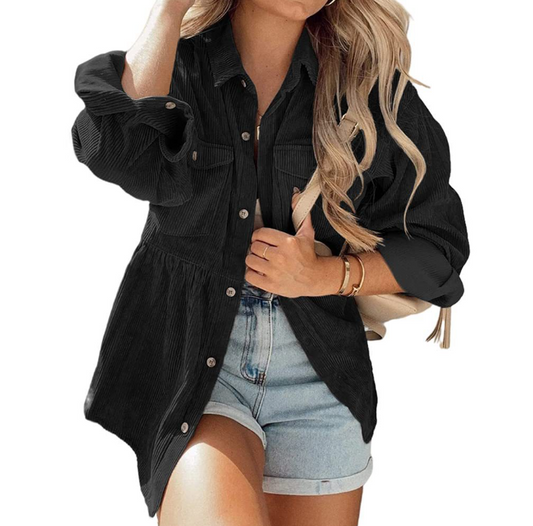 Women's Oversized Ribbed Shirt with Chest Pockets and Stylish Collar WW