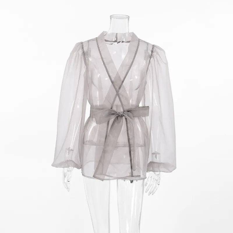 WW | Sheer Organza Blouse with Tie Belt