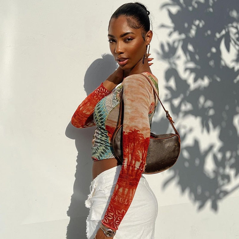 WW | Long-sleeved Mesh Top with Tattoo Print