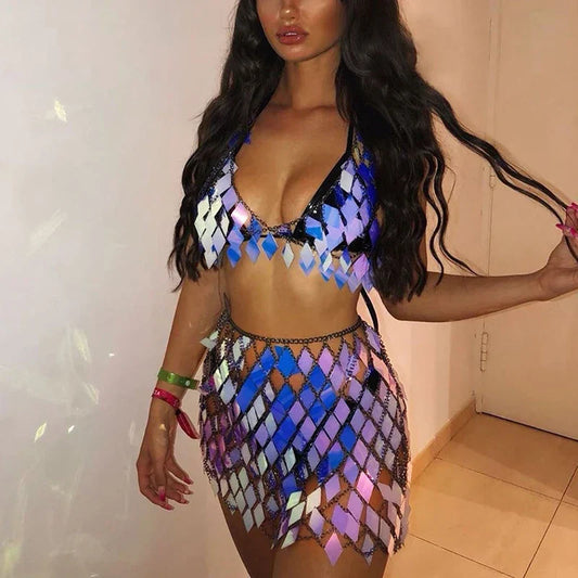 WW | Statement Pailletten Patchwork Crop Top 2 Teilig Rock Set
