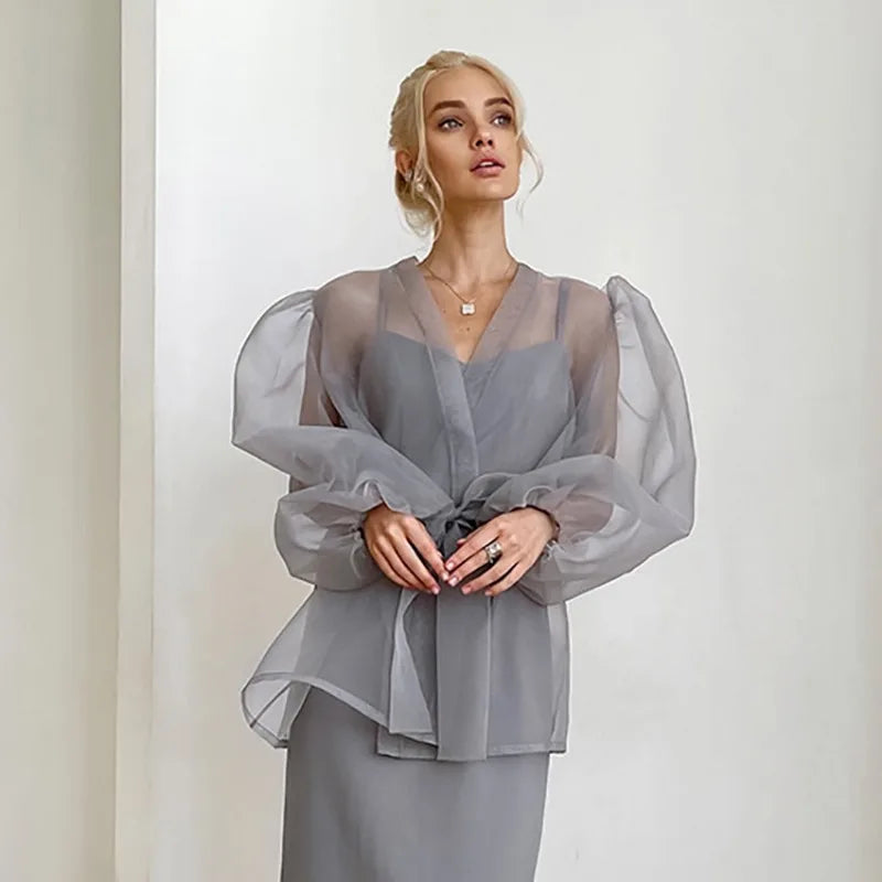 WW | Sheer Organza Blouse with Tie Belt