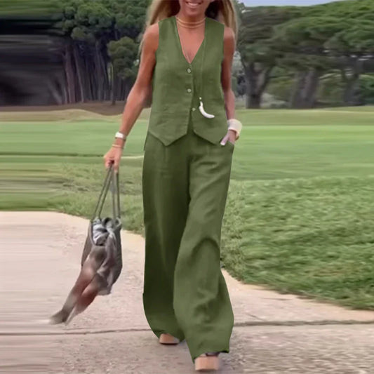 WW Modern Set | Elegant Sleeveless V-Neck Top and Wide Leg Trousers Women's Suit