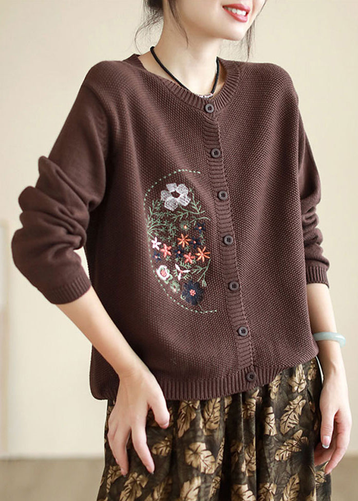 WW | Coffee Embroidered Button Patchwork Knit Cardigans