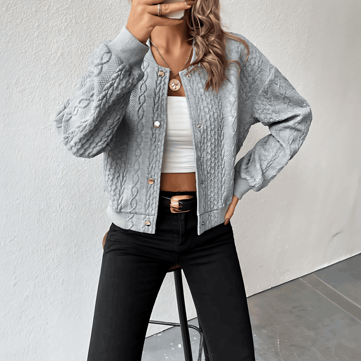 WW | Strickjacke im Bomberjacken-Stil mit Knöpfen für Damen