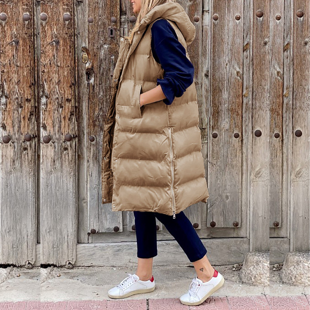 WW | Quilted and Padded Hooded Vest Plus Size Long Fit Sleeveless Style