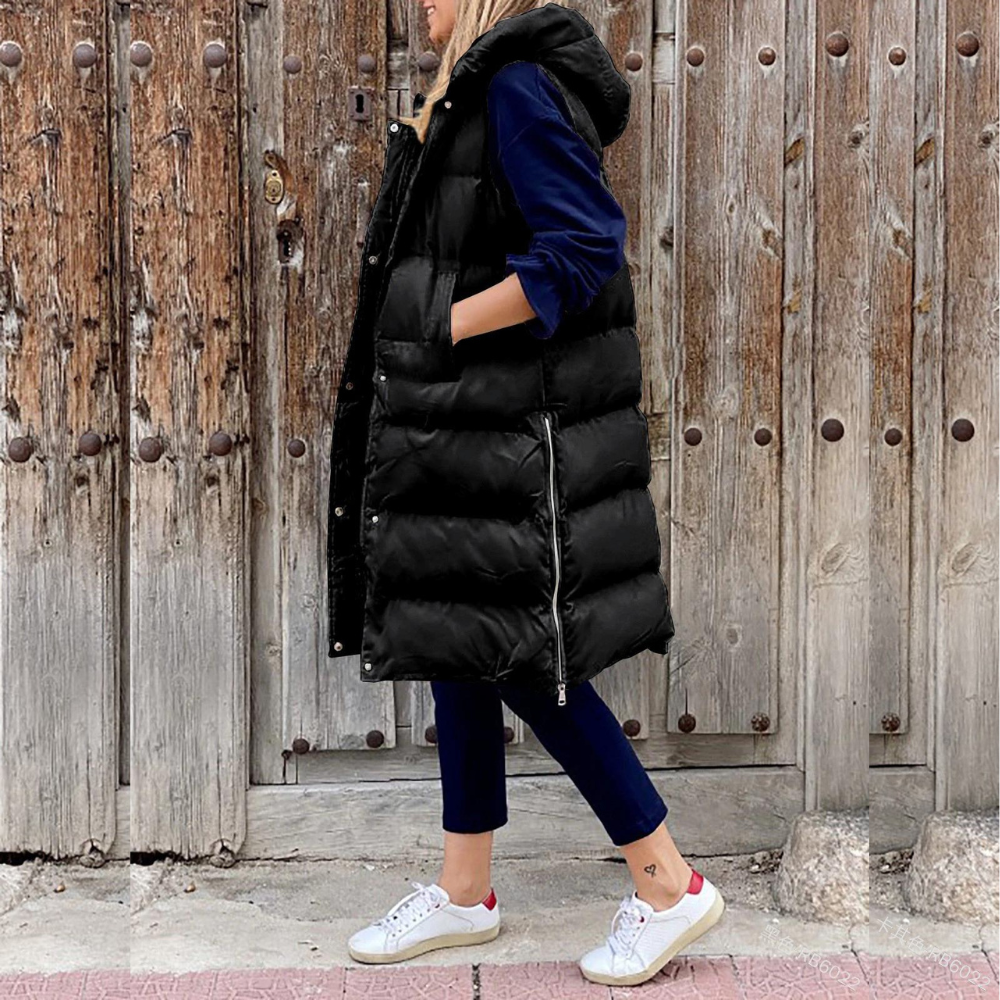 WW | Quilted and Padded Hooded Vest Plus Size Long Fit Sleeveless Style