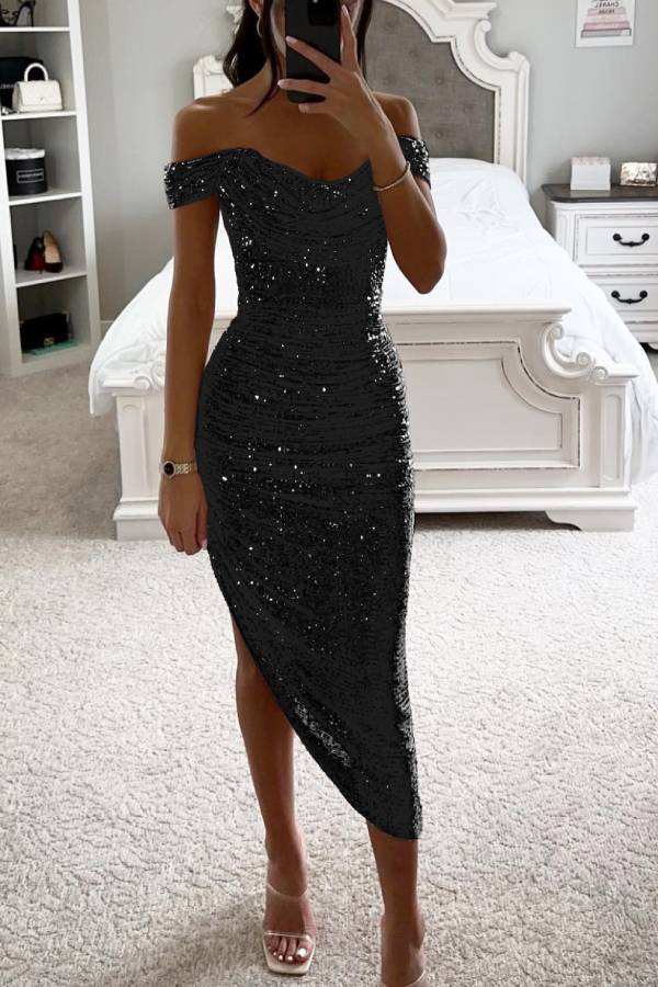 WW | Shawl Collar Sequin Midi Dress