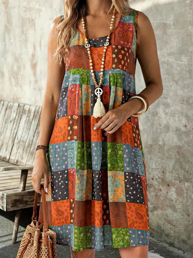 WW | Boho Patchwork Sleeveless Swing Dress