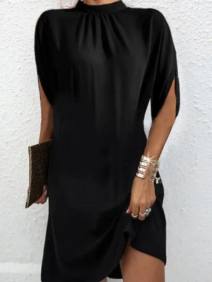 WW | Modern Black Midi Dress with Stand-Up Collar