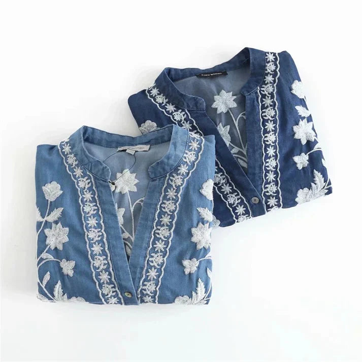 WW | Embroidered Floral Blouse with Button Placket