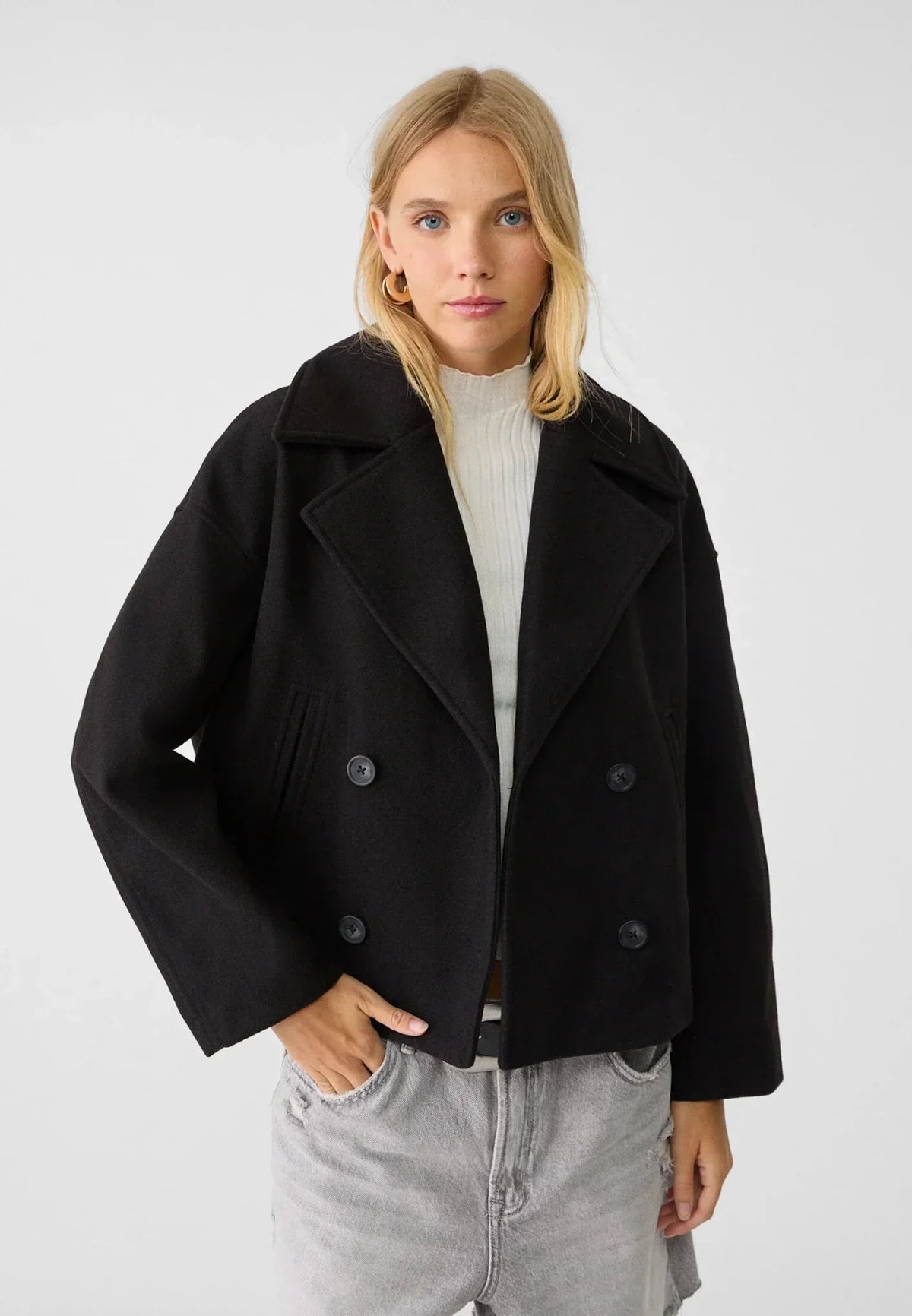 WW | Short Double-Breasted Women's Jacket in Wool Blend with Lapel Collar