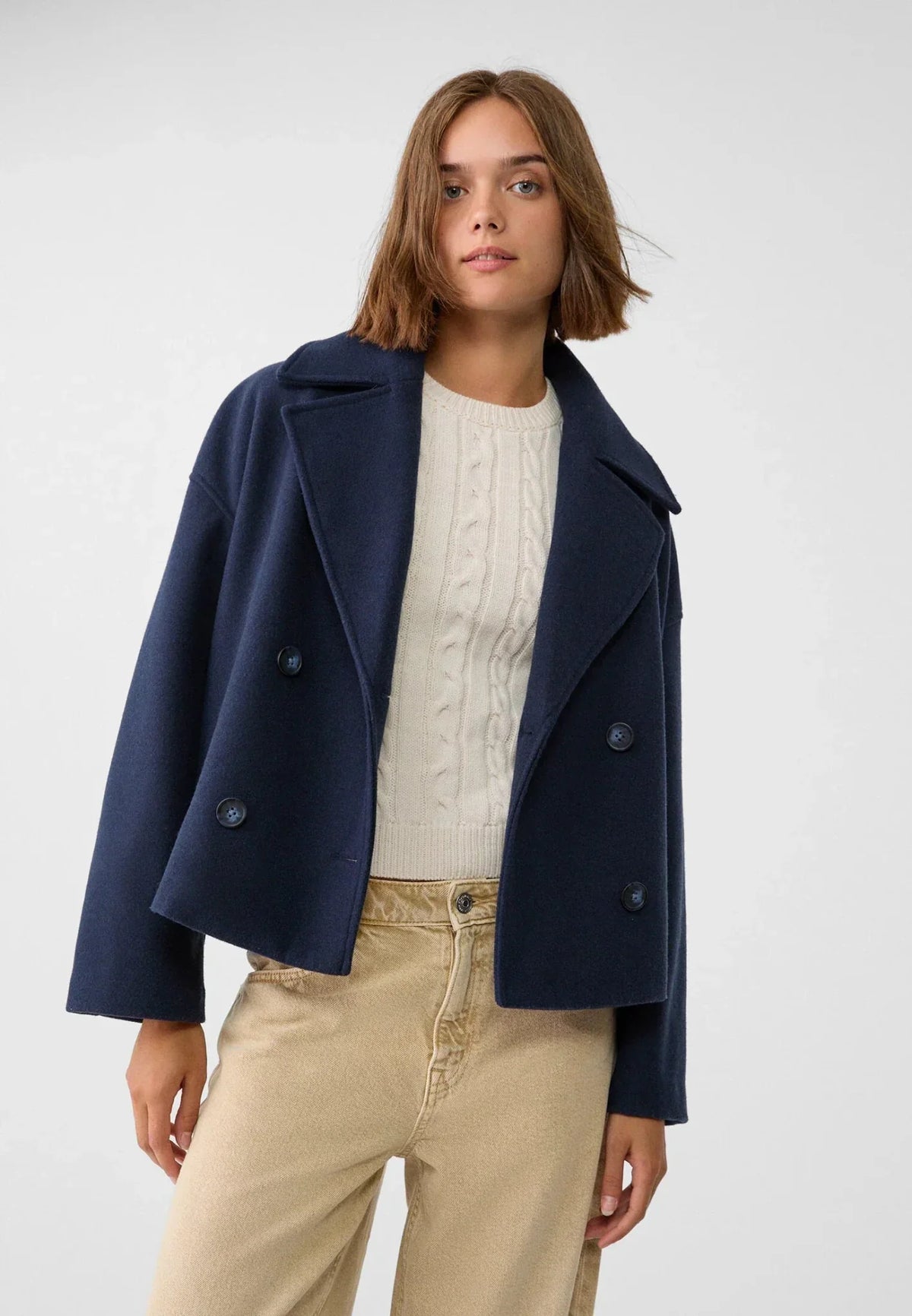 WW | Short Double-Breasted Women's Jacket in Wool Blend with Lapel Collar
