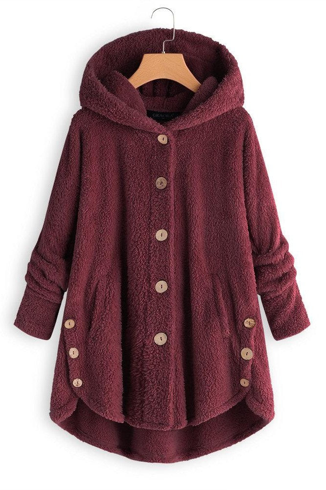 WW | Women's Hooded Coat – Oversized Fit – Plush Texture – Button Placket – Mid-Length Casual