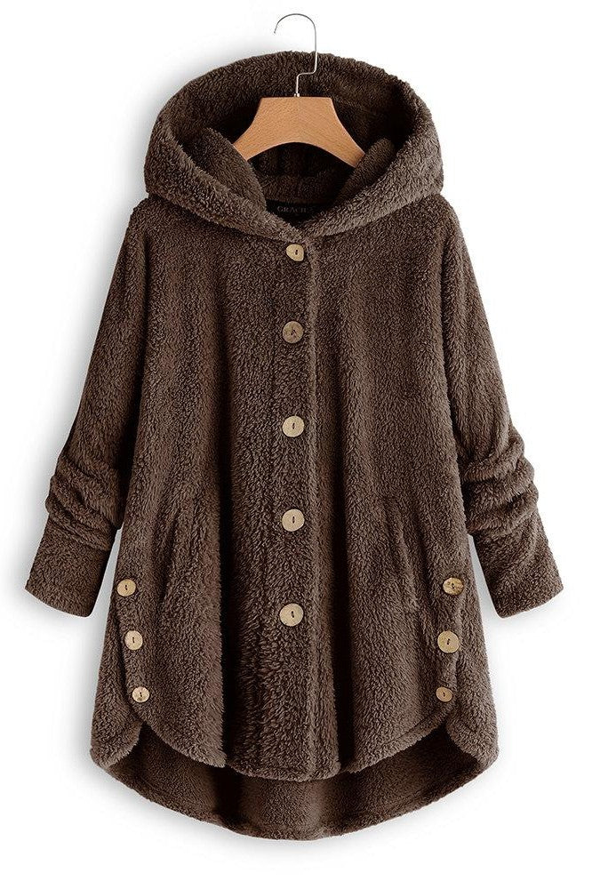 WW | Women's Hooded Coat – Oversized Fit – Plush Texture – Button Placket – Mid-Length Casual