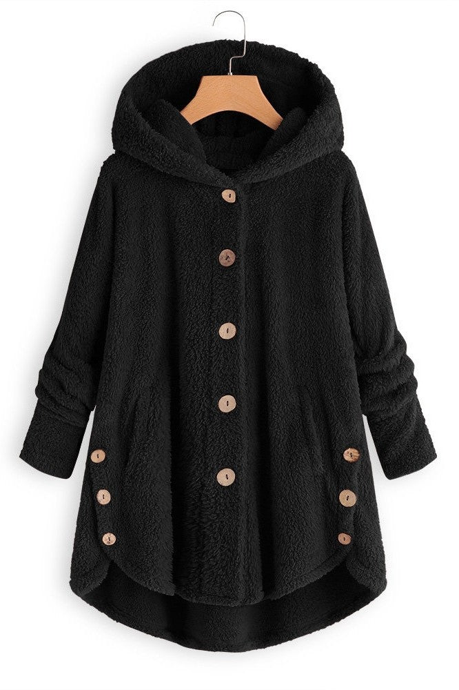 WW | Women's Hooded Coat – Oversized Fit – Plush Texture – Button Placket – Mid-Length Casual