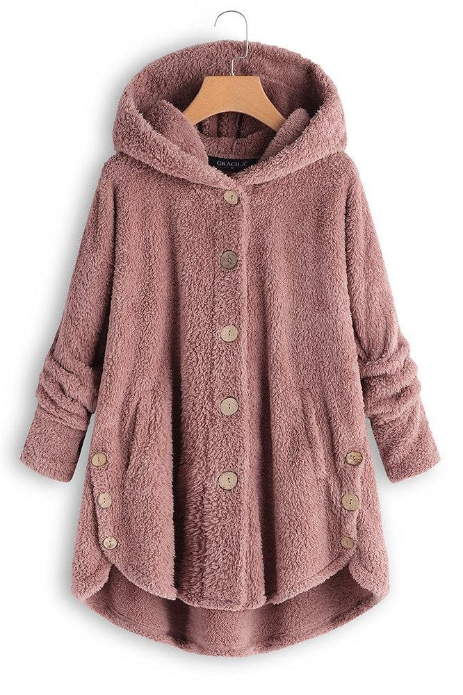 WW | Women's Hooded Coat – Oversized Fit – Plush Texture – Button Placket – Mid-Length Casual